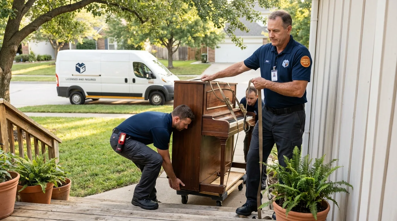 Licensed piano movers securing grand piano in Groton, MA