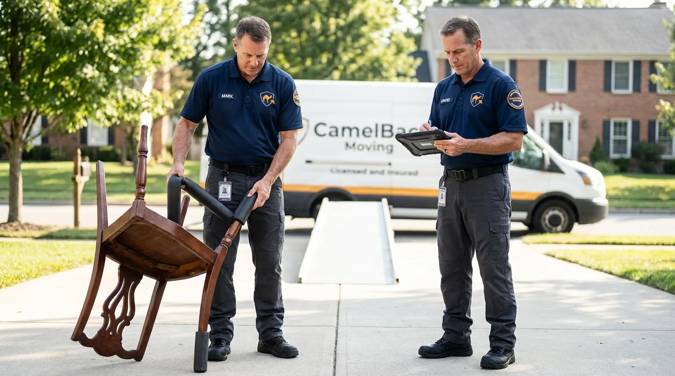 Movers inspecting furniture for damage prevention before loading in Groton, MA