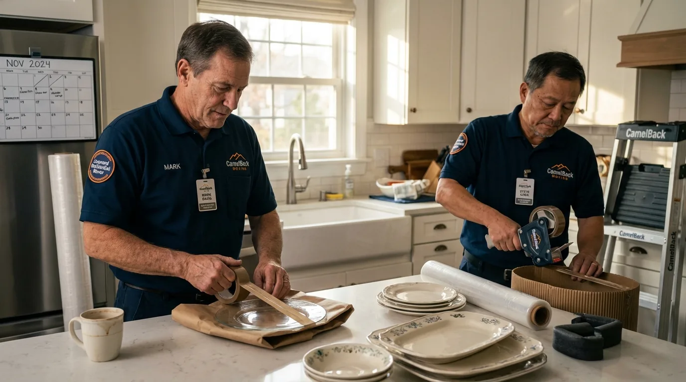 Professional crew packing kitchen dishware in Groton, MA